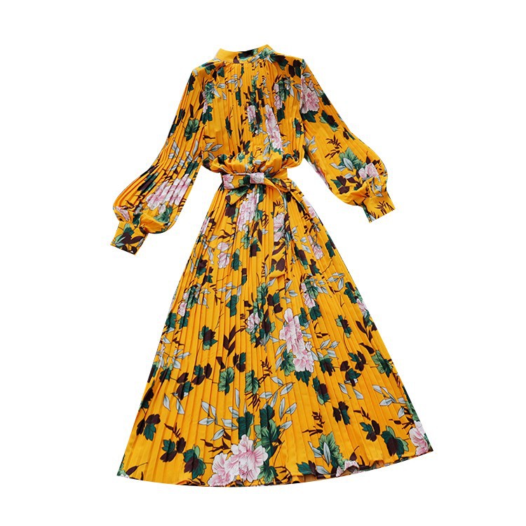 Cage Sleeves Lace Up Versatile Mid-length Pleated Dress