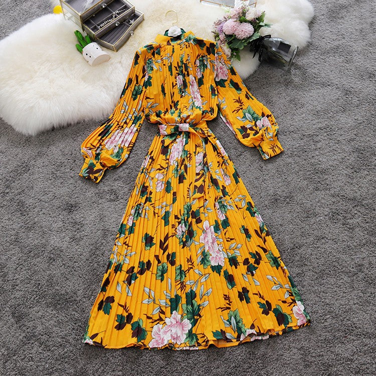 Cage Sleeves Lace Up Versatile Mid-length Pleated Dress