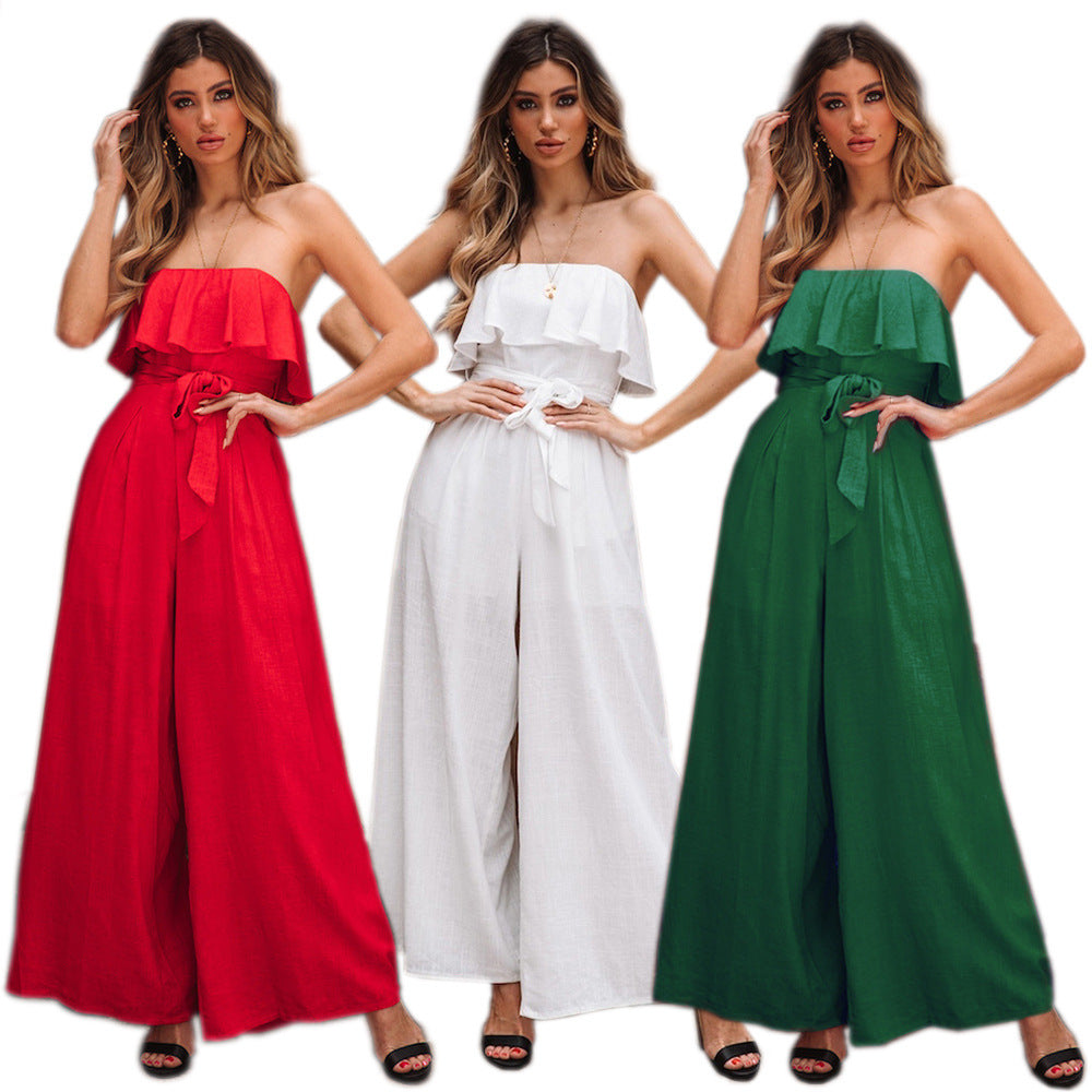 Tube Top High Waist Wide Leg Casual Trousers Suit Belted Pants Jumpsuit