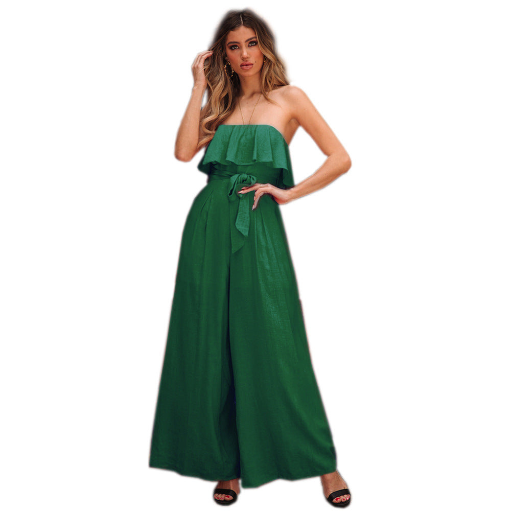 Tube Top High Waist Wide Leg Casual Trousers Suit Belted Pants Jumpsuit