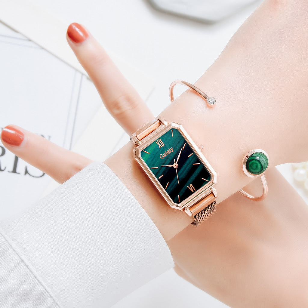 Alloy Mesh Belt Small Green Watch Korean Fashion Ladies Square Head Quartz Watch