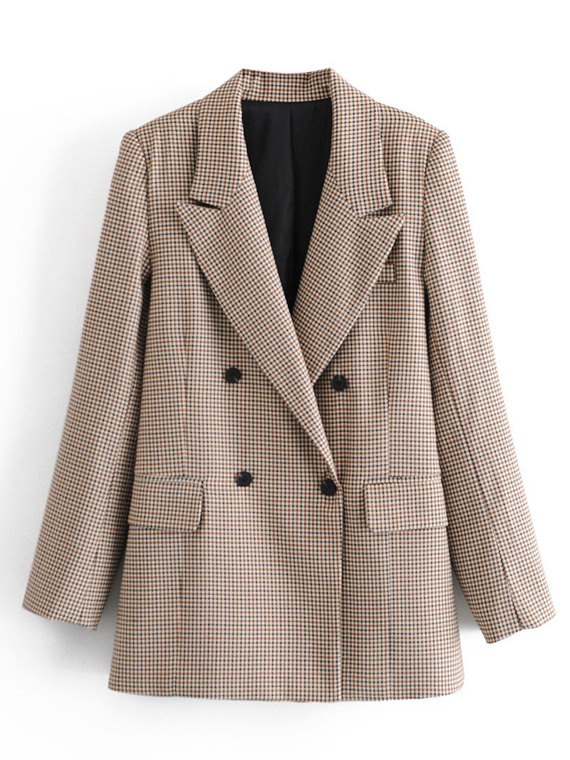 Check Print Jacket Coat Lapel Stand Collar
