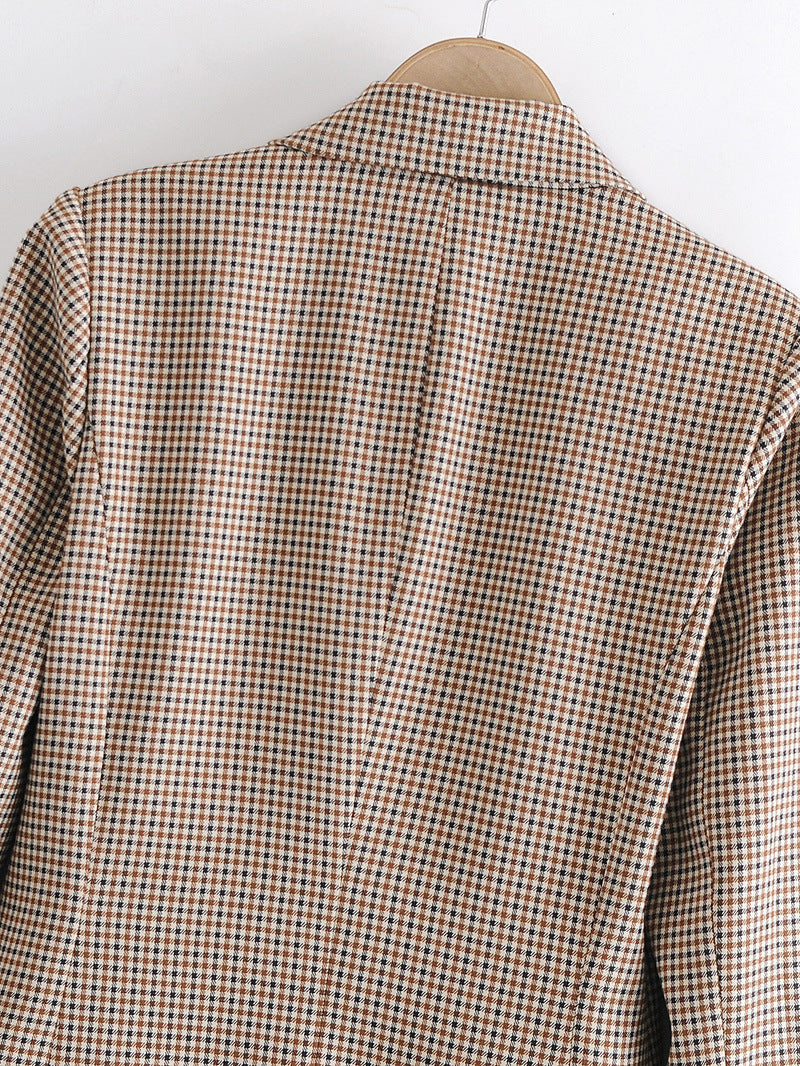 Check Print Jacket Coat Lapel Stand Collar