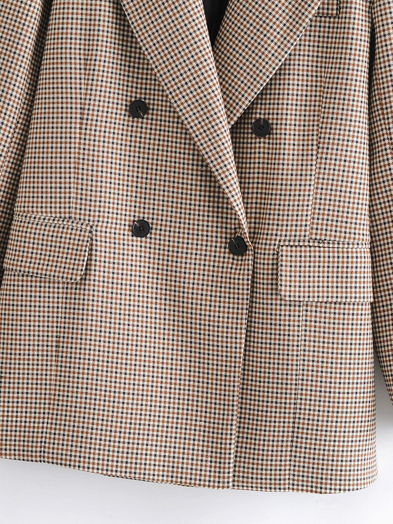 Check Print Jacket Coat Lapel Stand Collar