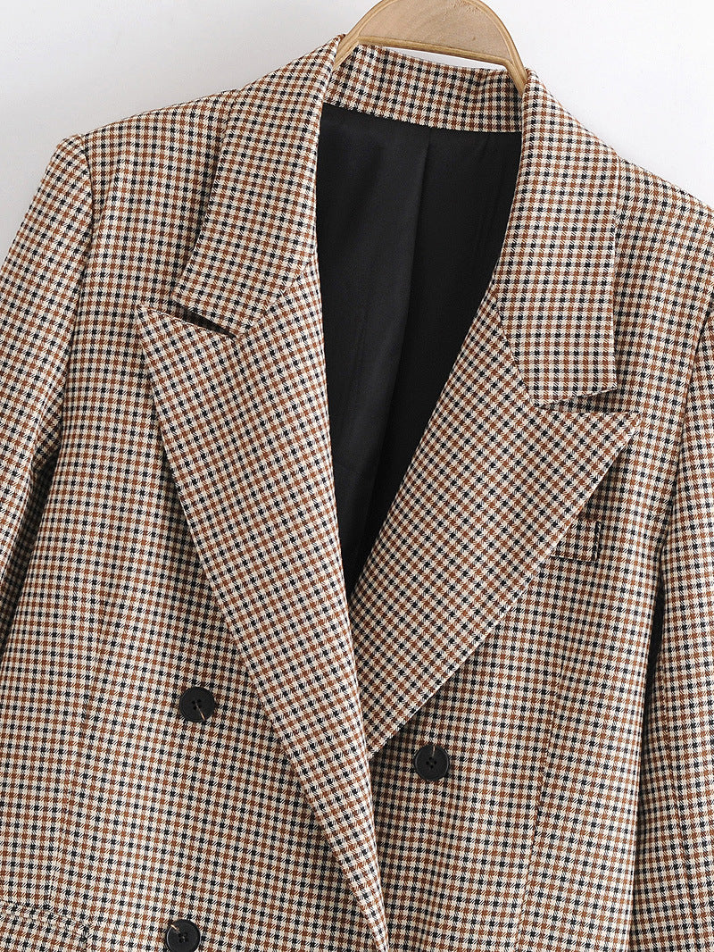 Check Print Jacket Coat Lapel Stand Collar