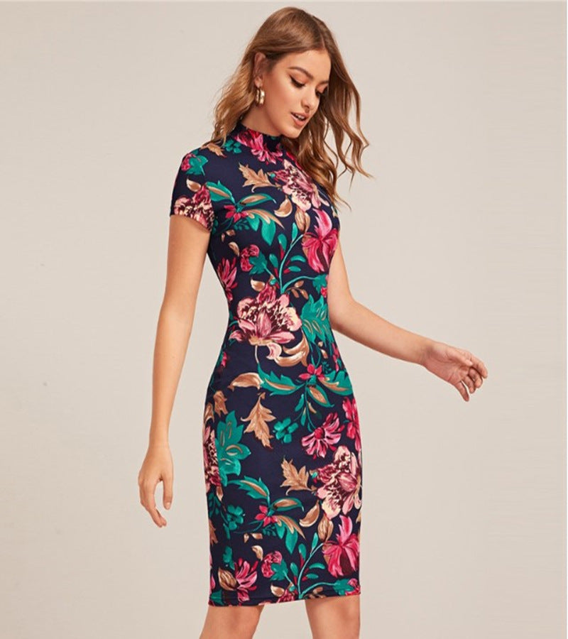 Independent Website Round Neck Short Sleeve Flower Print high Neck Slim Dress
