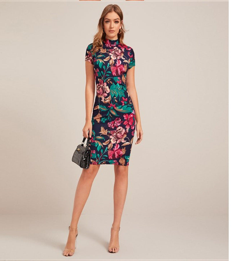 Independent Website Round Neck Short Sleeve Flower Print high Neck Slim Dress