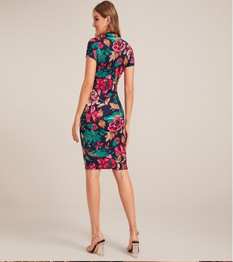 Independent Website Round Neck Short Sleeve Flower Print high Neck Slim Dress