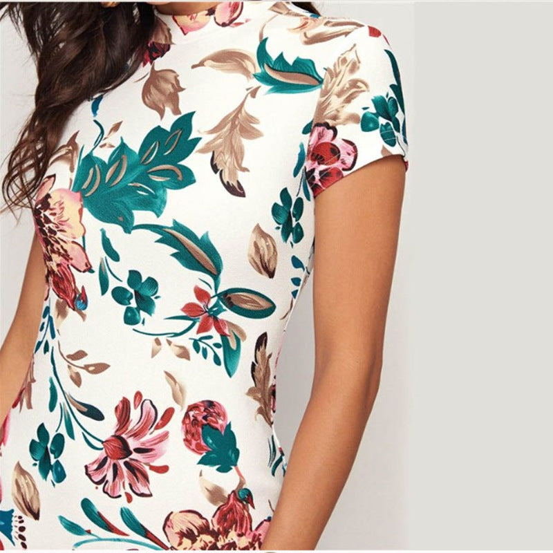 Independent Website Round Neck Short Sleeve Flower Print high Neck Slim Dress