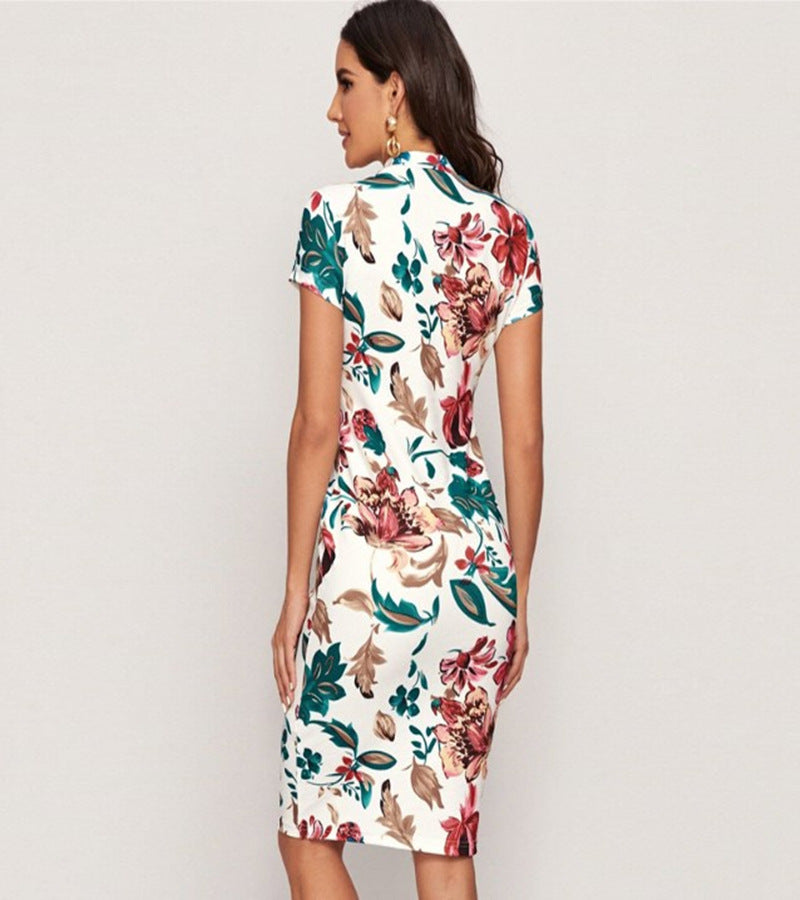 Independent Website Round Neck Short Sleeve Flower Print high Neck Slim Dress