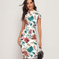 Independent Website Round Neck Short Sleeve Flower Print high Neck Slim Dress