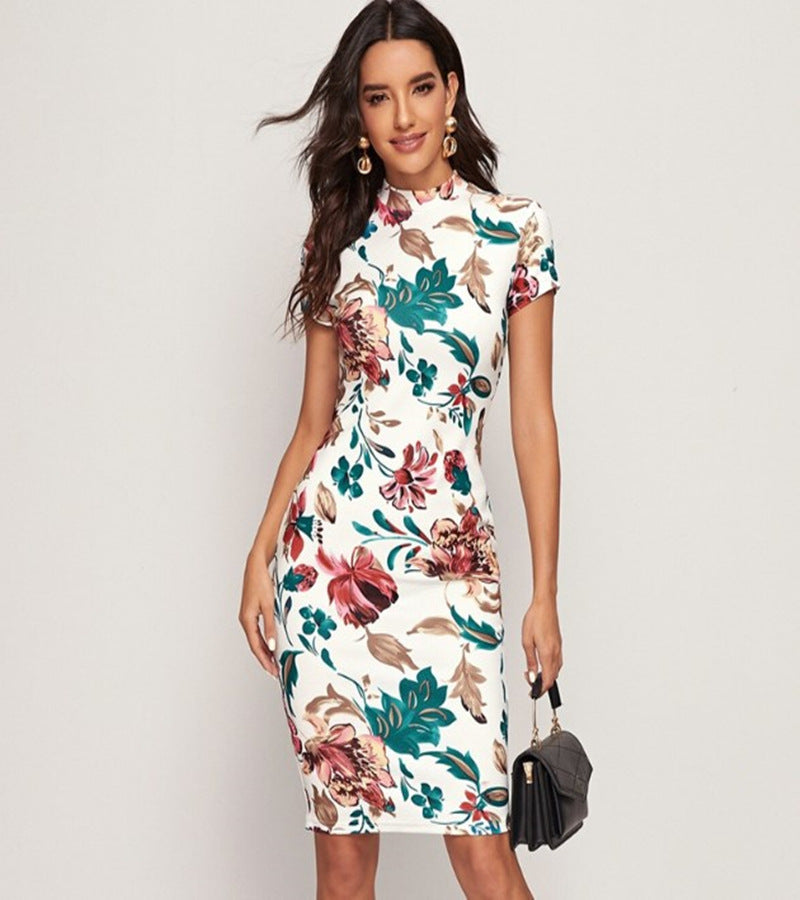 Independent Website Round Neck Short Sleeve Flower Print high Neck Slim Dress