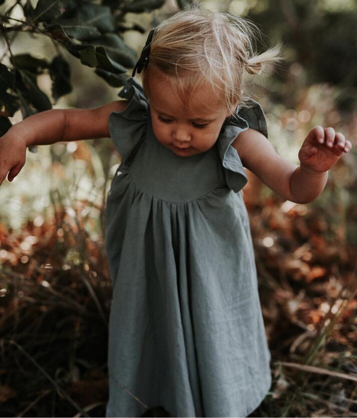 Jupe pour fille en coton et lin, couleur unie, manches volantées, cravate