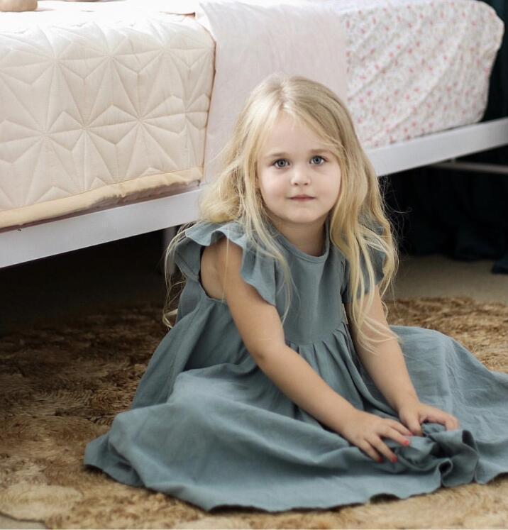 Girls Skirt Cotton And Linen Solid Color Flying Sleeve Tie