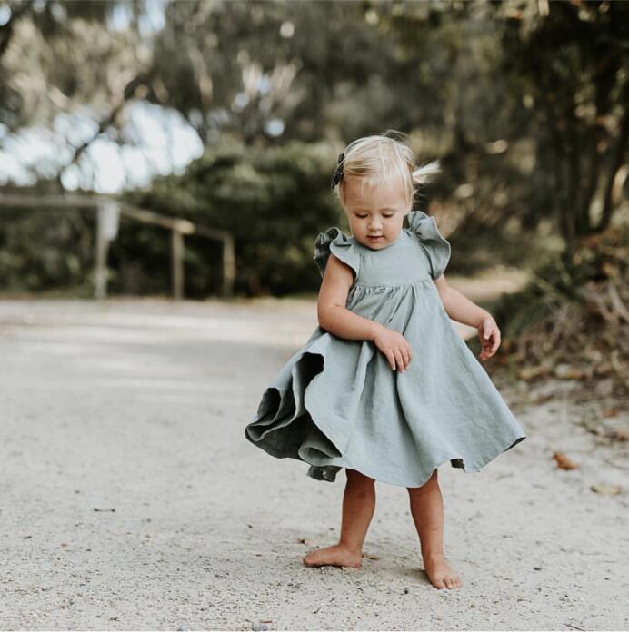 Girls Skirt Cotton And Linen Solid Color Flying Sleeve Tie