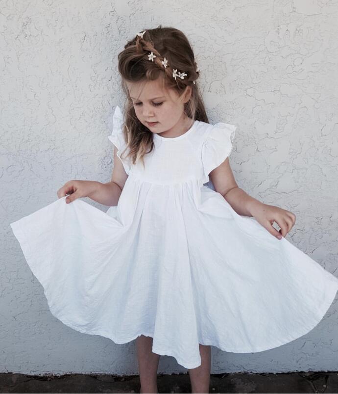 Girls Skirt Cotton And Linen Solid Color Flying Sleeve Tie