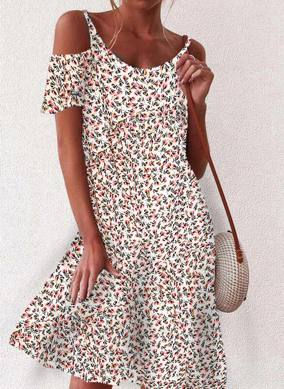 Small Floral Digital Print Ripped Sleeve Dress