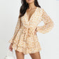 Printed Ruffled Long-Sleeved V-Neck Jumpsuit
