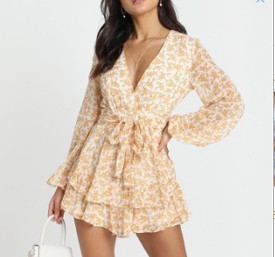 Printed Ruffled Long-Sleeved V-Neck Jumpsuit