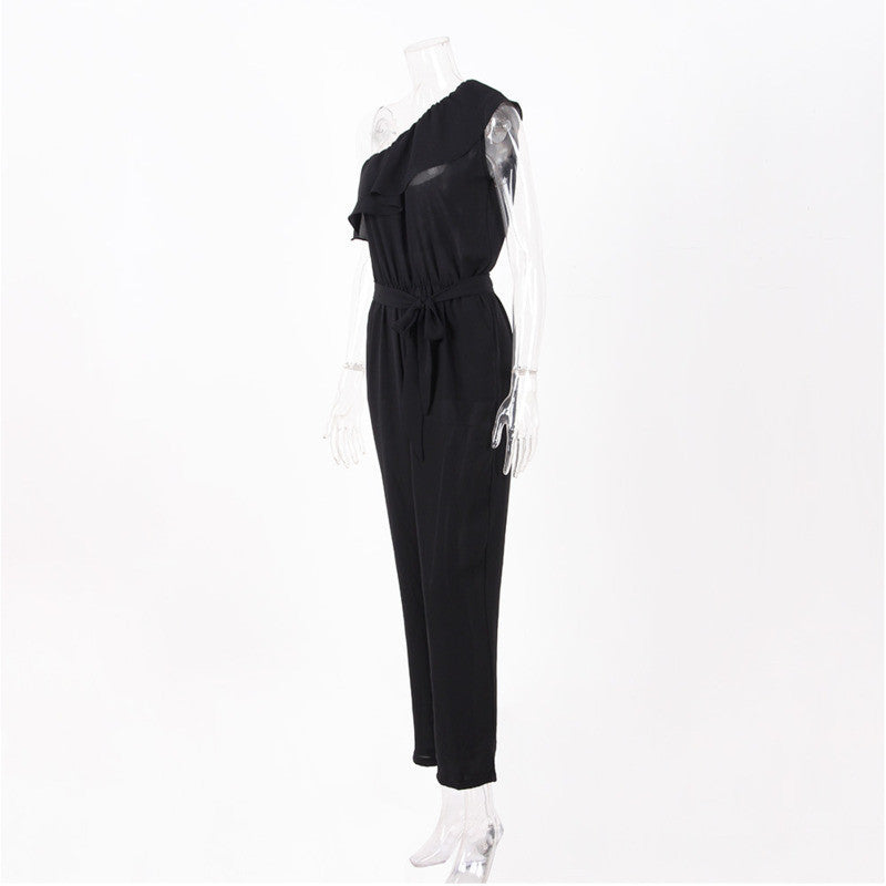 Ladies Fashion Slanted Shoulder Lace Pocket Chiffon Stitching Slim Jumpsuit