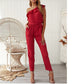 Ladies Fashion Slanted Shoulder Lace Pocket Chiffon Stitching Slim Jumpsuit