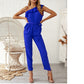 Ladies Fashion Slanted Shoulder Lace Pocket Chiffon Stitching Slim Jumpsuit