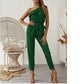 Ladies Fashion Slanted Shoulder Lace Pocket Chiffon Stitching Slim Jumpsuit