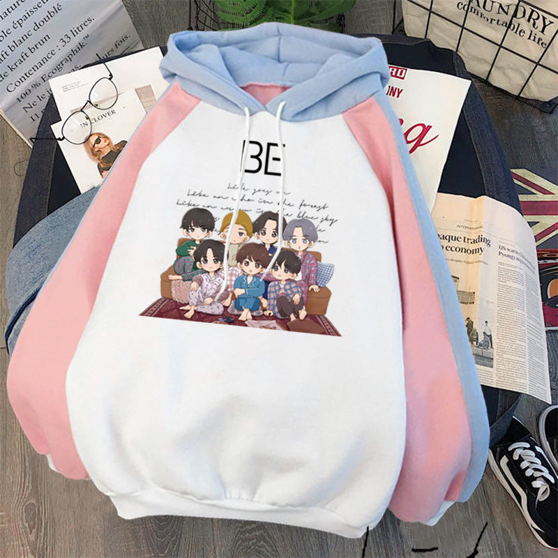 Plus Fleece Youth Color Block Hoodie BE Contrast Color Sweatshirt Women