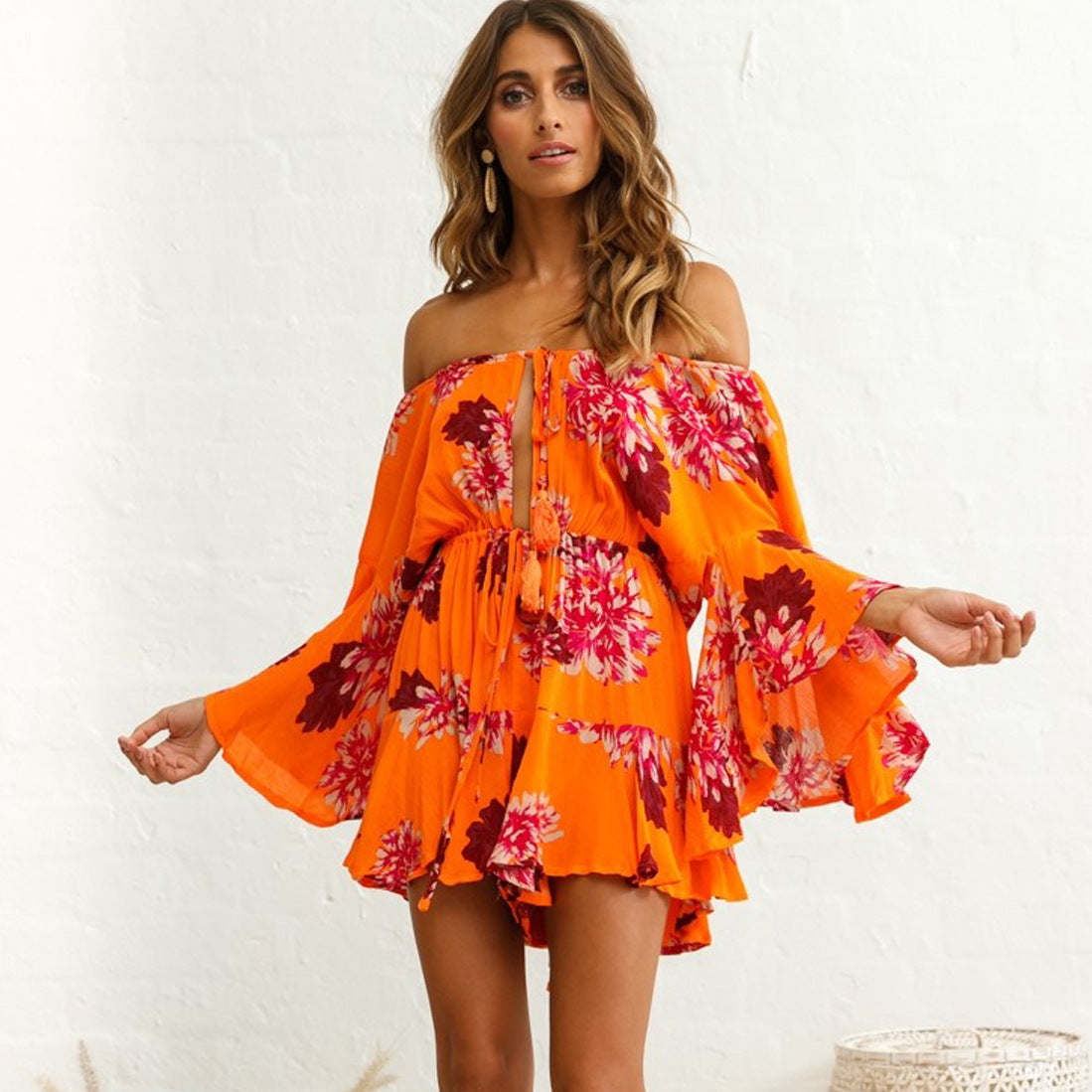 Summer New Print Short Playsuits Women's Casual Comfortable Butterfly Sleeve Slash Neck Jumpsuit Beach Party Romper Fashion