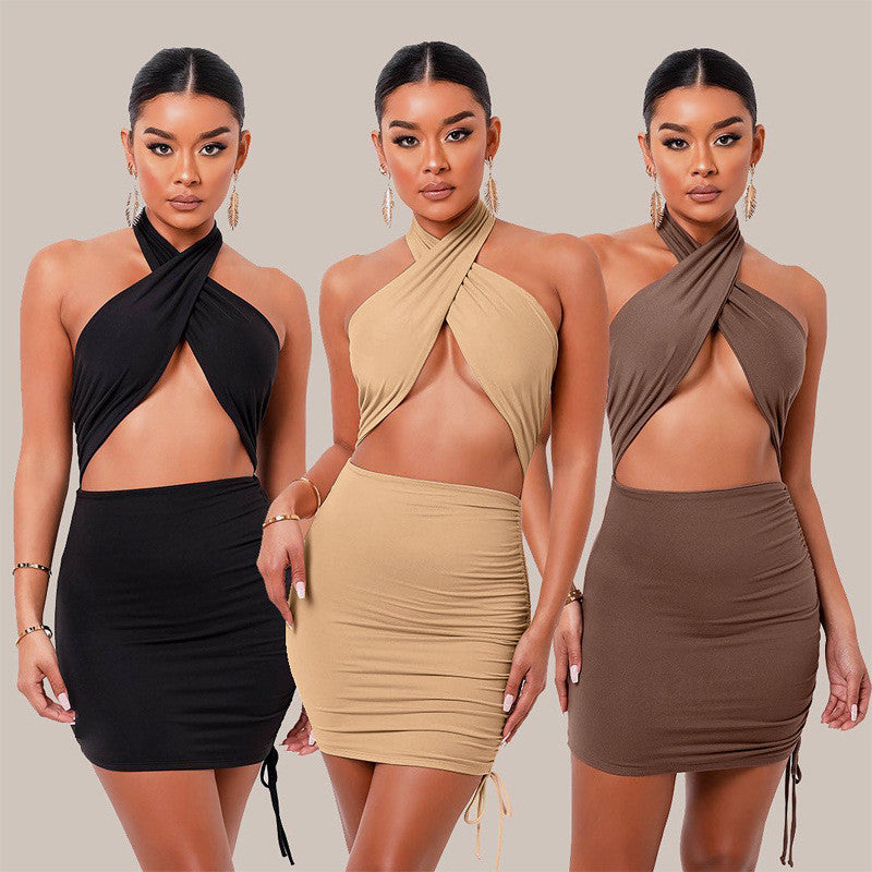 Women's Solid Color Pleated Halter Halter Dress