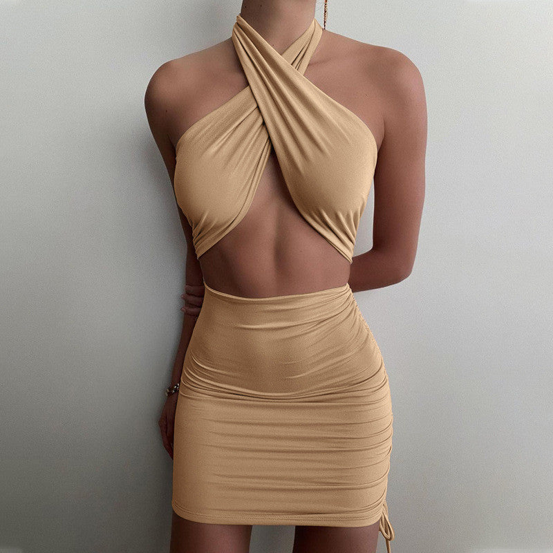 Women's Solid Color Pleated Halter Halter Dress