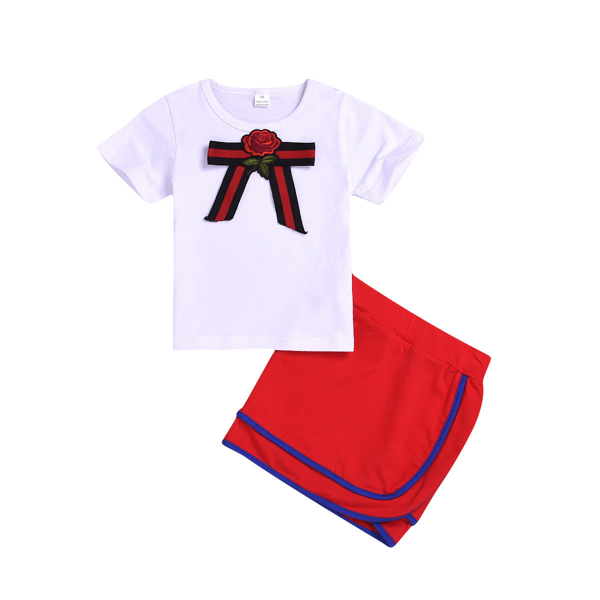 Amazon -Selling Children's Clothing Bow White Short-Sleeved T-Shirt Suit Girls Bag Hip Skirt Suit