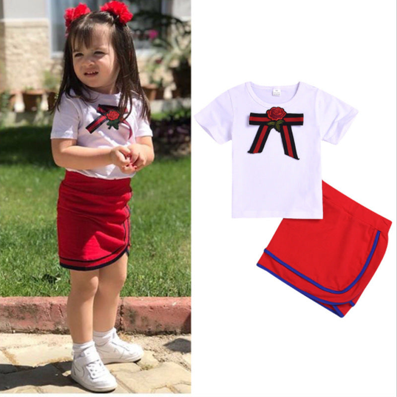 Ensemble de vêtements pour enfants, t-shirt blanc à manches courtes et nœud papillon, sac et jupe pour filles, très populaire sur Amazon