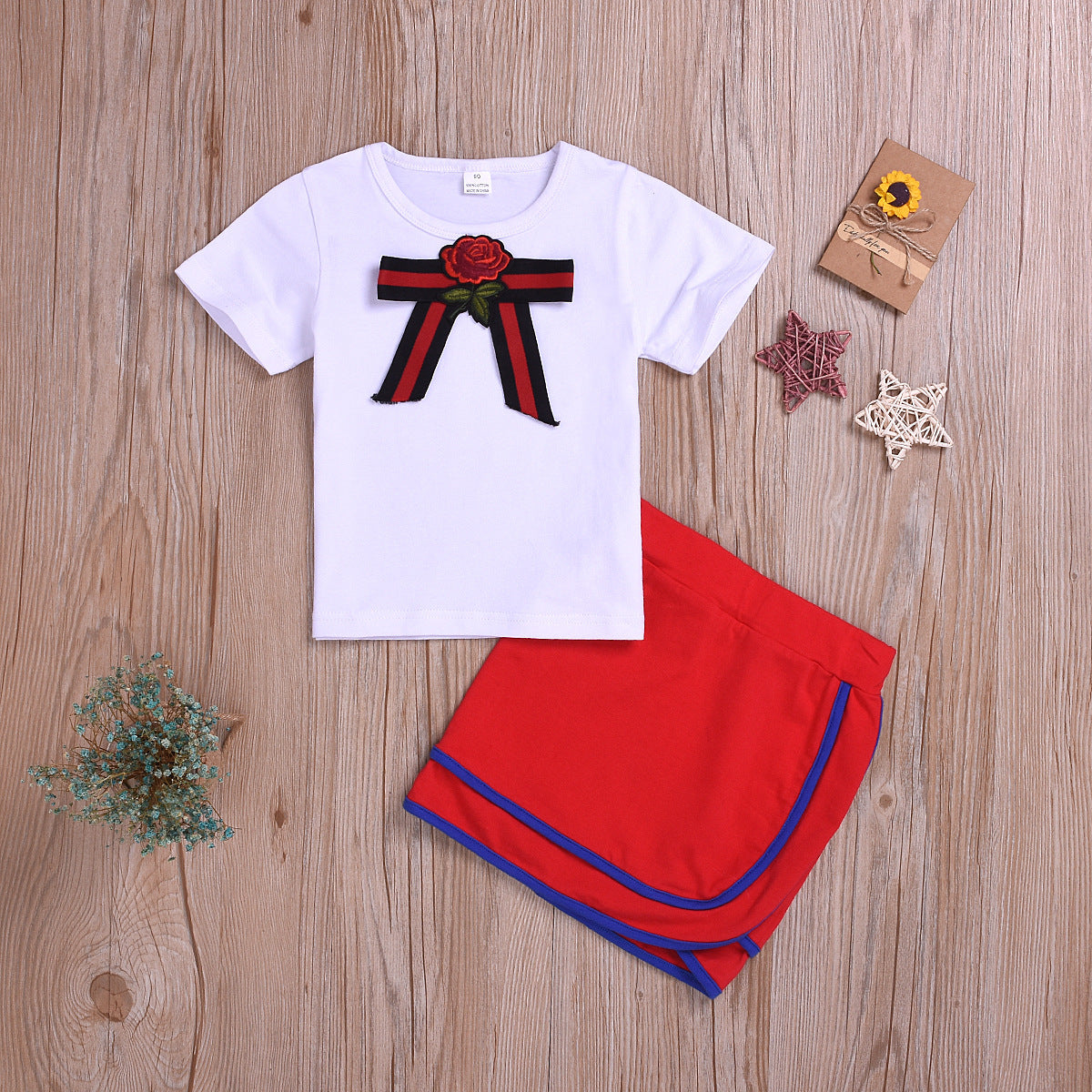Amazon -Selling Children's Clothing Bow White Short-Sleeved T-Shirt Suit Girls Bag Hip Skirt Suit