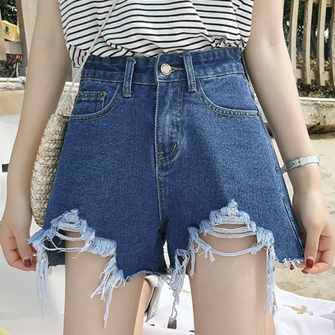 Été Nouveau Denim Taille Haute Coréen Shorts Femmes Ample Trous Chic Gland Un Mot Large Jambe Chaude Pantalon Tendance