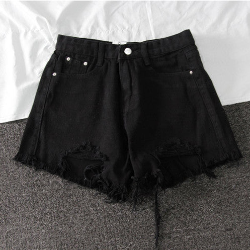 Summer New Denim High Waist Korean Shorts Women Loose Holes Chic Tassel A Word Wide Leg Pants Trend