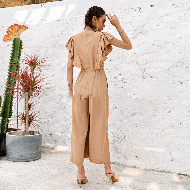 Source du commerce extérieur de combinaison ample sans manches à volants de couleur unie européenne et américaine Pantalon décontracté taille haute à la mode