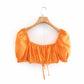 V-neck Tie Design Short Puff Sleeve Linen Blouse Top