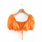 V-neck Tie Design Short Puff Sleeve Linen Blouse Top