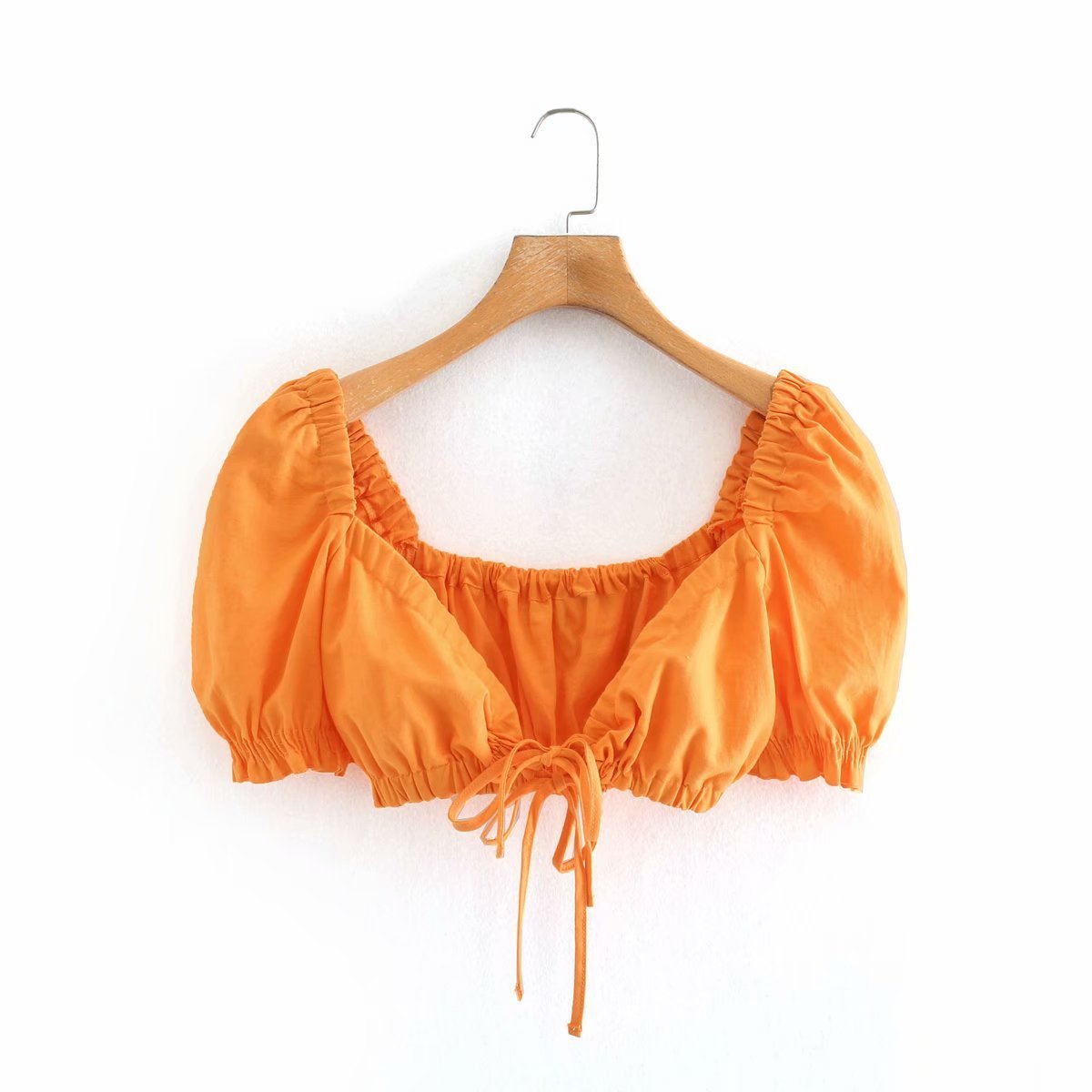 V-neck Tie Design Short Puff Sleeve Linen Blouse Top