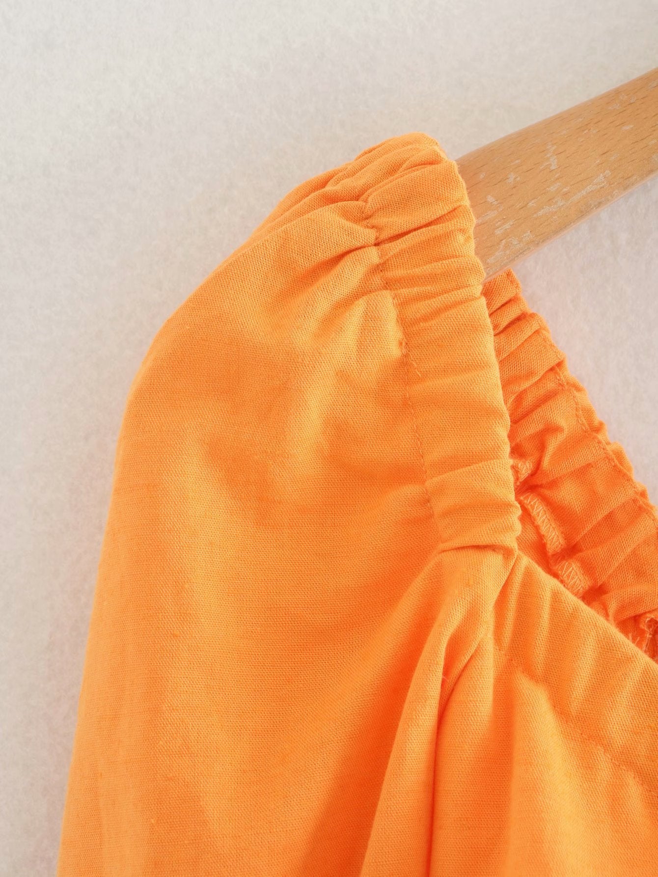 V-neck Tie Design Short Puff Sleeve Linen Blouse Top