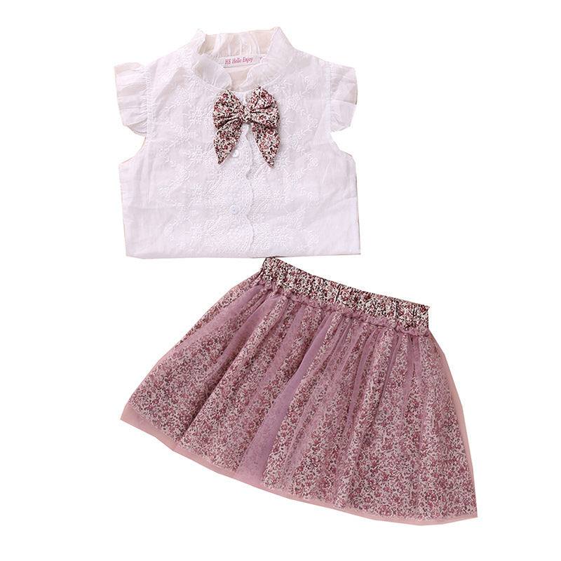 Vêtements pour enfants, commerce extérieur, vente en gros, printemps et été, nouvelle chemise sans manches à nœud papillon pour filles, ensemble jupe en maille florale