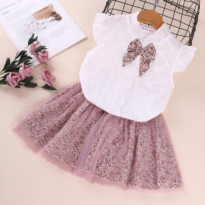 Vêtements pour enfants, commerce extérieur, vente en gros, printemps et été, nouvelle chemise sans manches à nœud papillon pour filles, ensemble jupe en maille florale