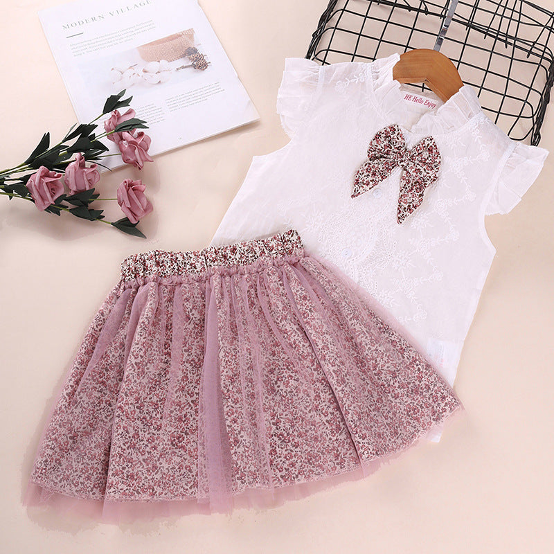 Foreign Trade -Selling Children's Clothing Spring And Summer New Girls Sleeveless Bowknot Shirt Floral Mesh Skirt Suit