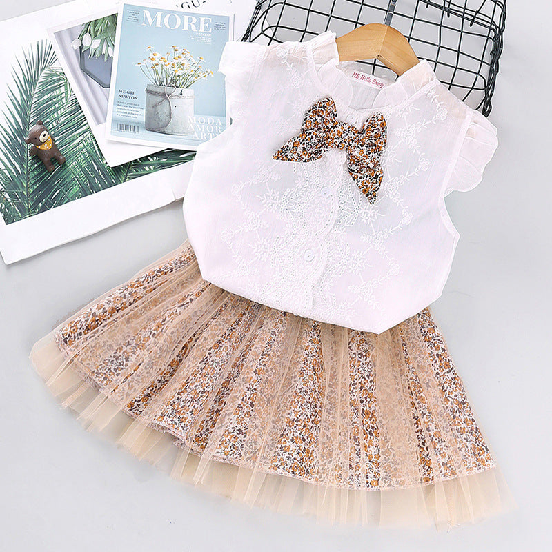 Vêtements pour enfants, commerce extérieur, vente en gros, printemps et été, nouvelle chemise sans manches à nœud papillon pour filles, ensemble jupe en maille florale