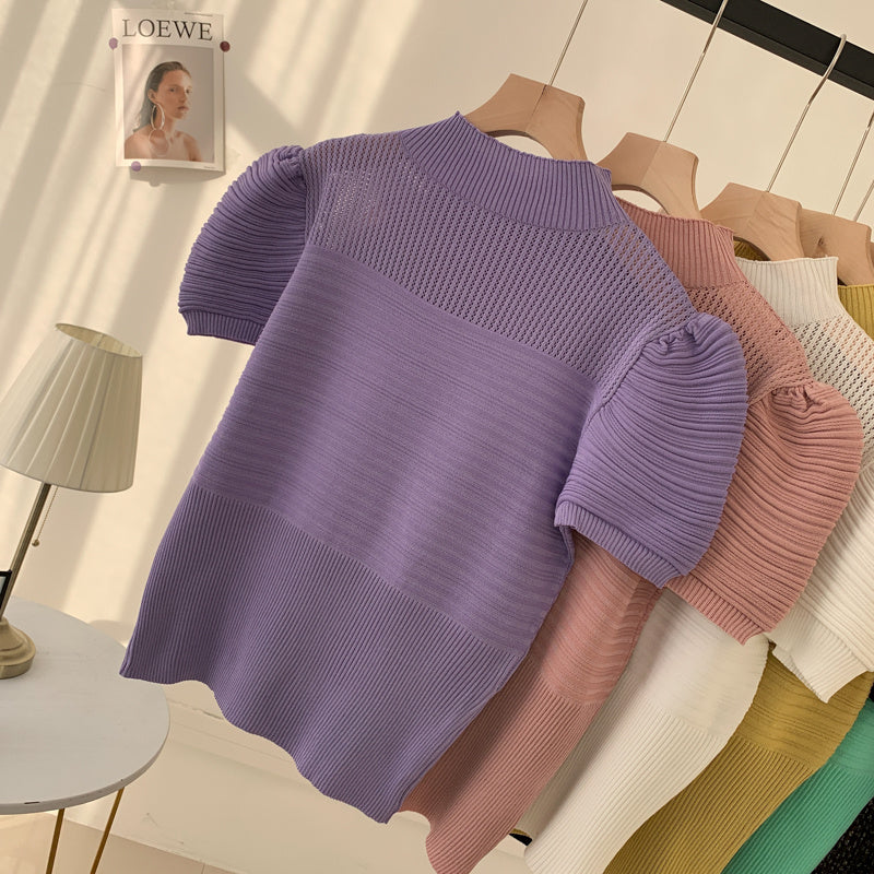Spring New Half High Neck Top With Puff Sleeve Bottoming Shirt