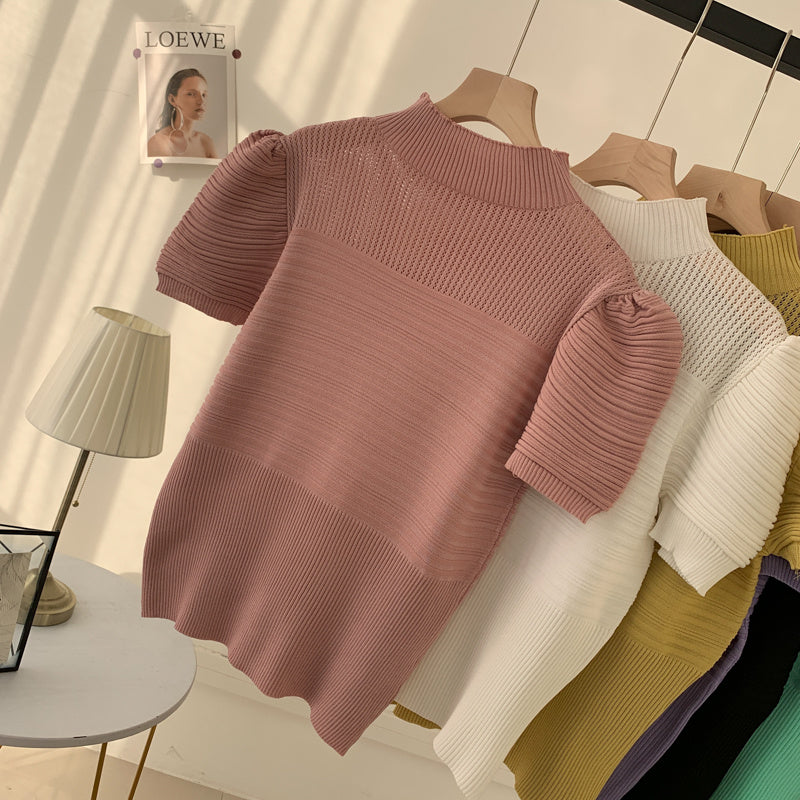 Spring New Half High Neck Top With Puff Sleeve Bottoming Shirt