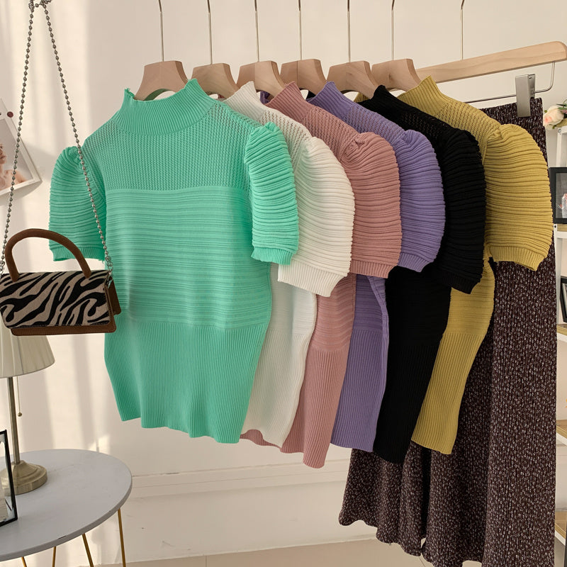Spring New Half High Neck Top With Puff Sleeve Bottoming Shirt