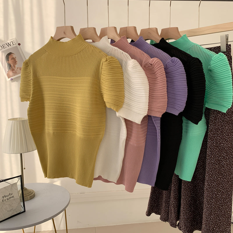 Spring New Half High Neck Top With Puff Sleeve Bottoming Shirt