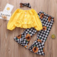 Commerce extérieur Vêtements pour enfants en gros Automne Nouveau style Chemisier jaune à manches longues Pantalon à carreaux Tournesol Fille Costume Ensemble 3 pièces